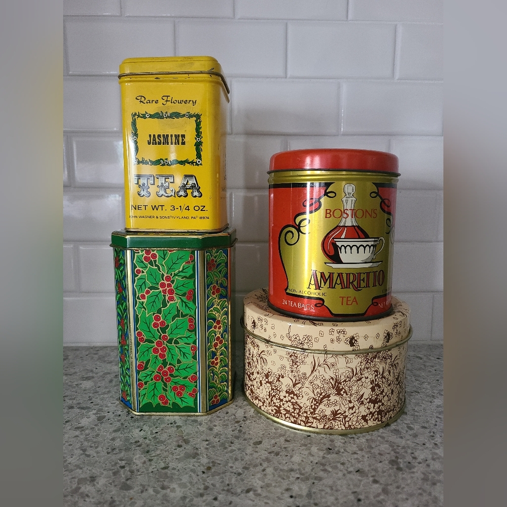 4 Vintage Tea Tin Cans including John Wagner & Sons and Boston's Amaretto